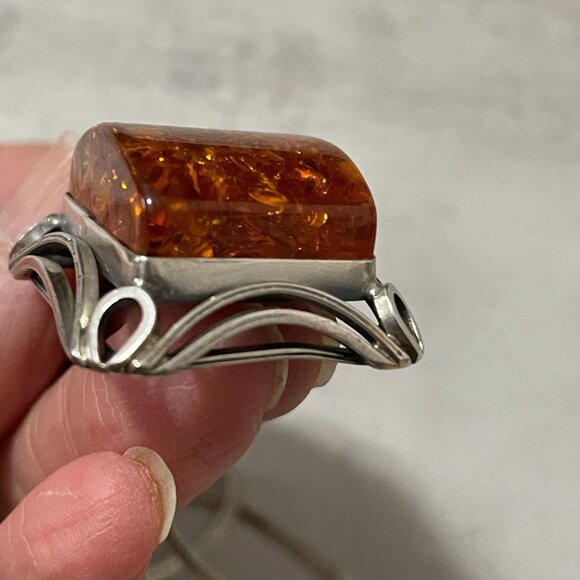 Vintage Genuine Baltic Amber Cabochon 925 Sterling Silver Pendant Chain 11" Drop - Picture 5 of 7